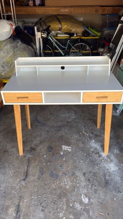 White and Bamboo Writing Desk with Hutch