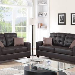 Brown Faux Leather Sofa And Love Seat Set (Free Delivery)