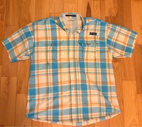 Columbia PFG Super Bahama Large Blue Orange Plaid Fishing Shirt (1566)