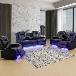 Power Electric Black Leather Fully Reclining Couch Set