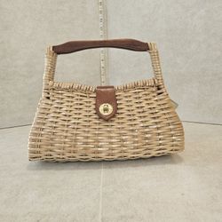 vintage wicker handbag purse Simon design wood handle rattan basket bag lined
