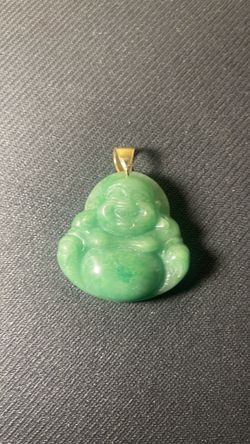 Large Green Jade Buddha Pendant 10k Gold Bail