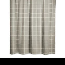 Taupe Embroidered Checkered Cloth Shower Curtain