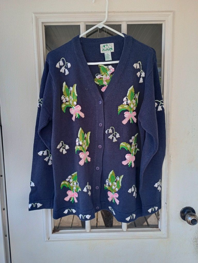 Vintage THE QUACKER FACTORY Cardigan Sweater Blue Fleur and bell flower womens