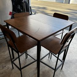 5-Piece Dining Table Set W/Counter Height Table & 4 Bar Stools, Industrial Kitchen Dining Table Set W/Footrest & Backrest, Space-Saving Dinette 