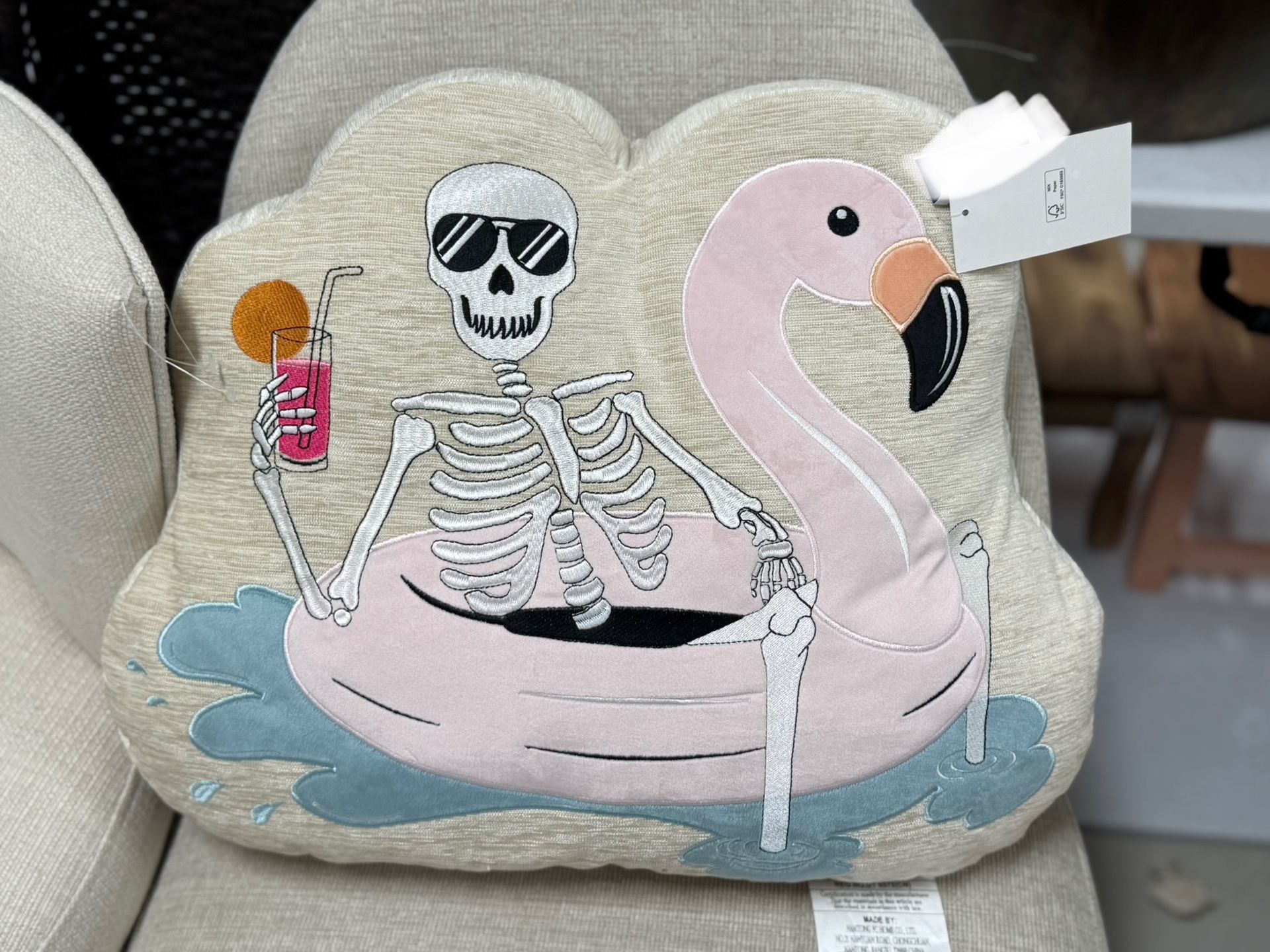 Summerween Skeleton Flamingo Pillow