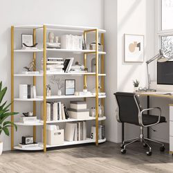 6 Tier Bookshelf, Wood Triple Wide Etagere Standing Bookcase for Home Office, White and Gold