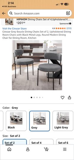 Cinxzar Grey Boucle Dining Chairs Set of 2, Upholstered Dining Room Chairs with Black Metal Legs, Round Modern Dining Chair for Dining Room, Kitchen