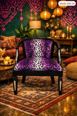 Stunning Redesigned Vintage Statement Chair in Luxe Purple Leopard Velvet + Silver Leaf Hand Finished