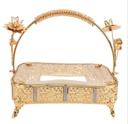Changor Gold Serving Tray, European Style Vintage Glass Fruit Tray With Handle, Vintage Fruit Snack Tray Decorative Serving Basket For Parties For Tea