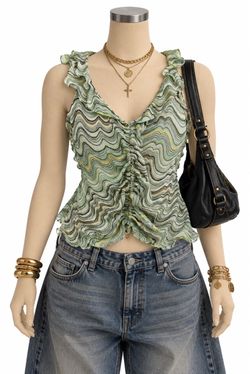 Green Wave Print Ruched Ruffle Tank Top