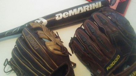 Black DeMarini baseball Little League bat official double-wall cf3 )Wilson A3000 infielder's glove and an A2000 infielder's glove Sold ,,,,