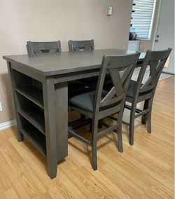 5-PC AESTHETIC HIGH TOP GRAY FINISH DINING SET (TABLE WITH SHELVES AND 4 PADDED CHAIRS)