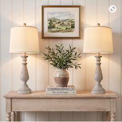24.5" Farmhouse Table Lamp Set of 2, Distressed Gray Resin Bedside Lamps for Bedroom