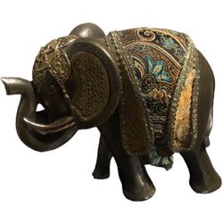 🔵 Beautifully Detailed Gold Ornate Free Standing Elephant Statue Feng Shui Resin