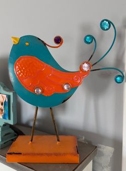 Adorable Bright & Colorful Metal Bird on Stand