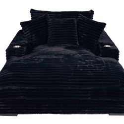  Black Fur Like Corduroy Lounge Chaise Cup Holders Brand New Firm Price $480