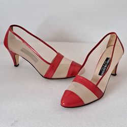 Valentino Mario Women 9 B Pump Shoes Red Leather & Mesh Italy Vintage