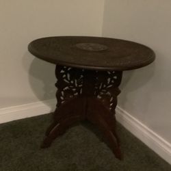 Vintage Antique  Carved Wooden Floral Foldable Brass Inlay Side Table UNIQUE  PICK UP IN SYLMAR 91342
