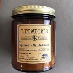 Litwick's natural soy wax candle. Spruce and Sandalwood Aroma. Brand New. Size: 7.2 oz. 40 hrs of burn.
