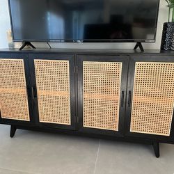 58" TV Console / Credenza - Wooden Rattan Sideboard TV Stand 4 Doors Storage Cabinet Credenzas Table TVs up to 65" Buffet Home Living Room Kitchen BLK