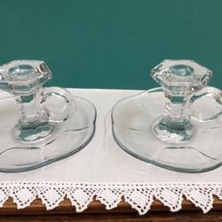 Pair Duncan Miller Canterbury Candle Sticks W/ Handles & attached Underplate