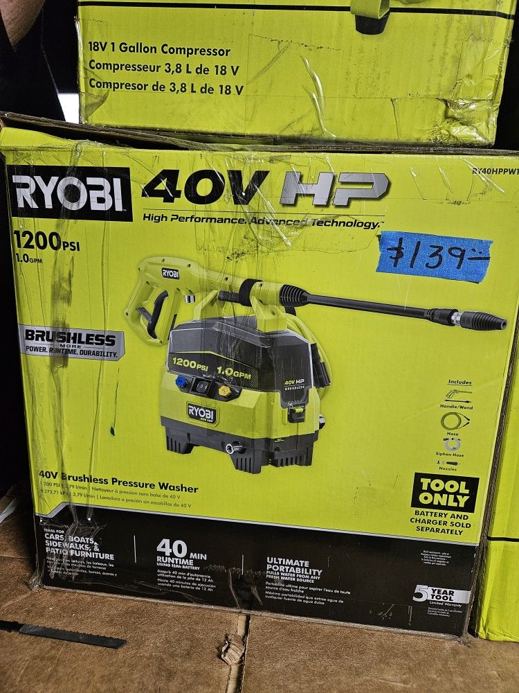 RYOBI 40V CORDLES BRUHLESS HP PRESSURE WASHER NEW