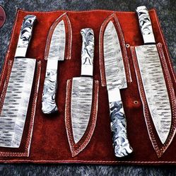 Handmade Damascus Steel 5 Pcs Kitchen Knives Set Comes With A Leather Roll