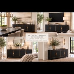 RH CAYDEN CAMPAIGN 80” SIDEBOARD — BLACK OAK & BRASS — PRISTINE