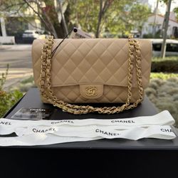 CC CLASSIC  MEDIUM DOUBLE FLAP CAVIAR BEIGE GHW, 100% AUTHENTIC
