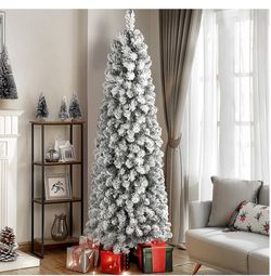 7ft Prelit Snow Flocked Artificial Hinged Slim Pencil Christmas Tree with Warm White Lights, Flocked Pencil Spruce Tree, Perfect Decoration Choice for