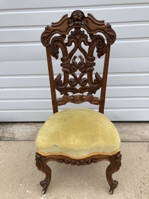 Carved Wood Antique Chair  : Beautifully Hand Carved Dark Antique/Vintage Edwardian Child�s Rocking Chair With Lovely Gold Patterned Comfortable Cushion Item Has Some Marks Due The The Age.