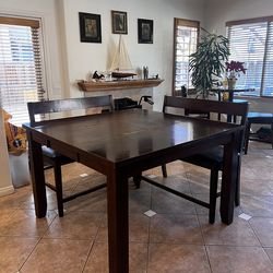 Dark Wood Dining Table Set with 2 Benches