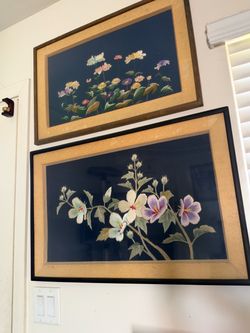 Framed Floral Embroidery Art on Fabric