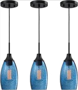 3 Pack Glass Pendant Light Dark Blue Glass Hanging Light 3-Pack Handblown Clear Blue Seeded Shade Adjustable Cord
