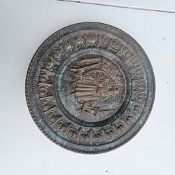 Vintage Repousse Metal Plate: Gilded Horse Carriage Wall Art, Verdigris Patina, 20 cm