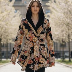 Lucky Brand Hooded Wrap Jacket Asian Floral Pattern Women’s Size XL Black Orange 