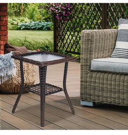 Outdoor Side Table with Storage Wicker Patio Side Table, Tempered Glass Top End Table for Balcony Porch Deck (Brown)