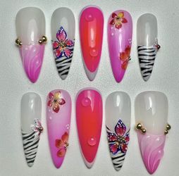 Tropical Pink Ombre Press On Nails: 3D Floral Zebra Print, Gold Accents (Size Medium)
