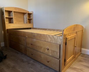 Solid Wood Twin Bed with Drawers & Bookshelf – Pine?