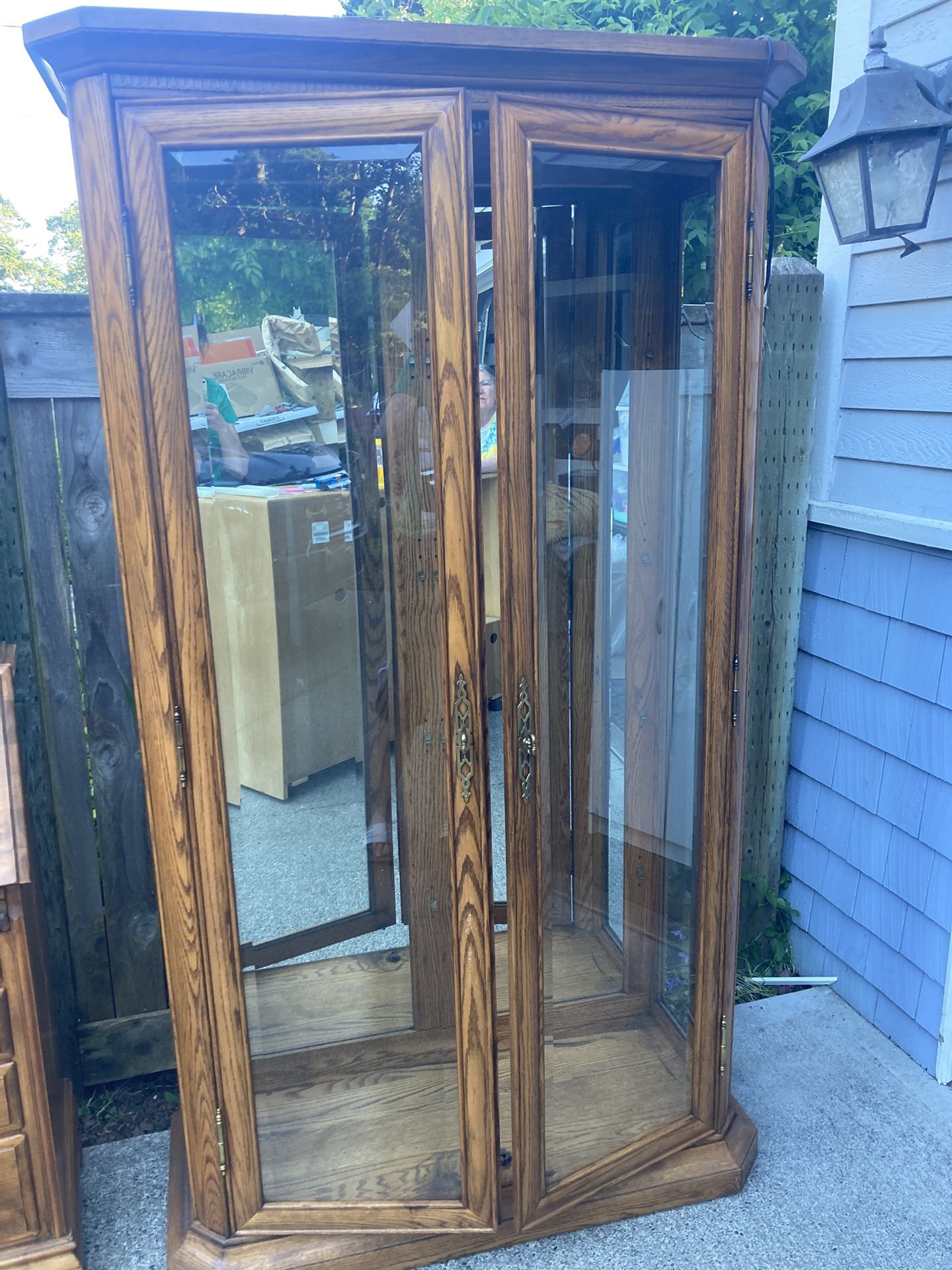Lighted Mirrored Oak Curio Cabinet