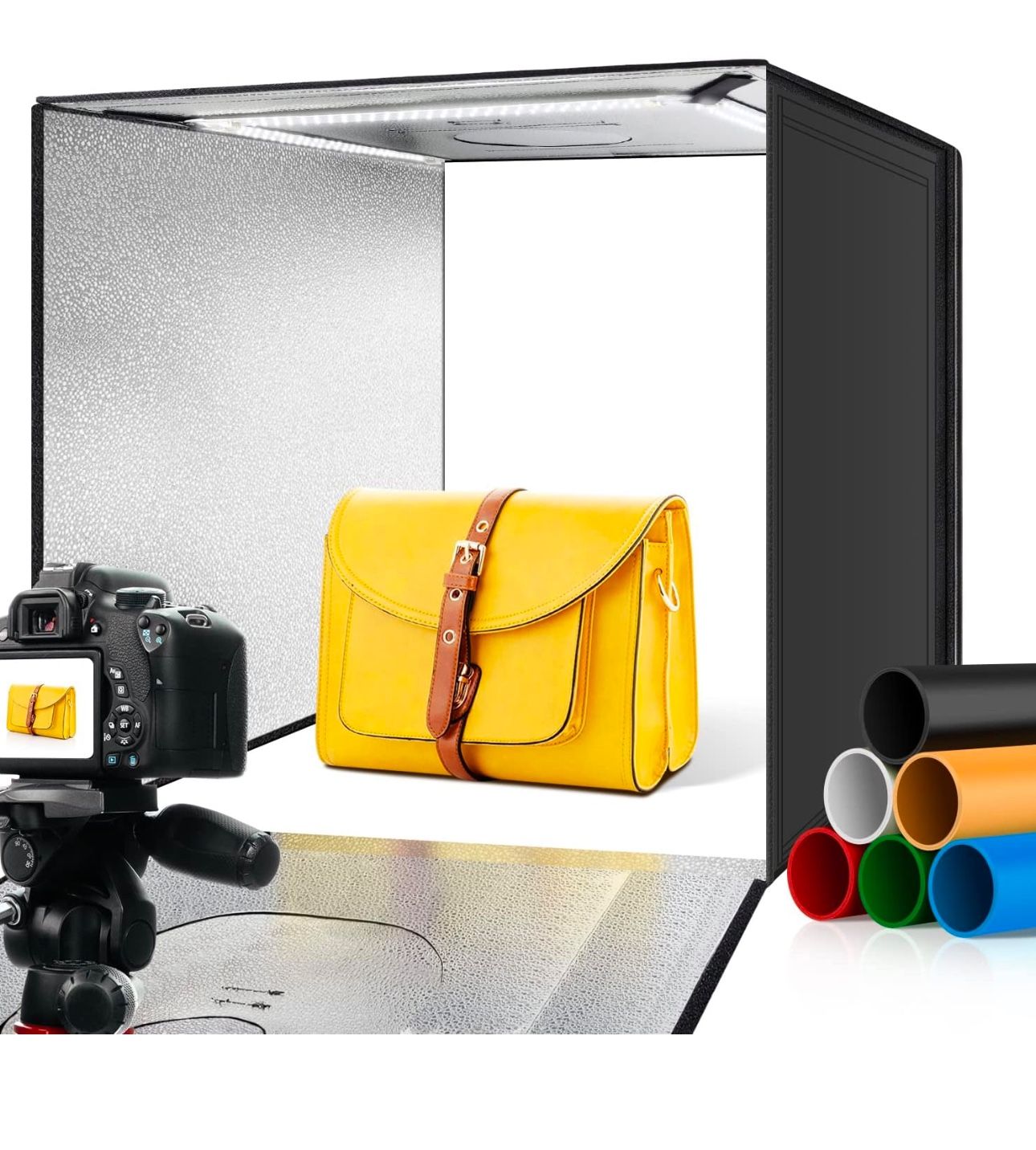 Daguerre 24"x24" Foldable Photo Studio Light Box, Bi-Color Dimmable Shooting Tent with 240 LED Lights, 3000-5500K - Includes 6 Color Backdrops for Pro