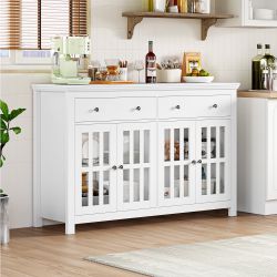 Kitchen Buffet Sideboard, Modern Wood Storage Cabinet with 4 Glass Doors & 3 Adjustable Shelves