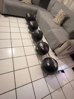 Rogue medicine balls new never used. Comes with rack to hold them in place.