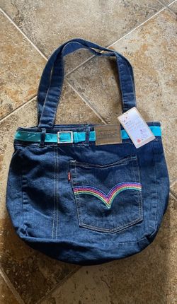 New Levi's Denim Jean Purse Tote Bag Embroidered Rainbow Pocket Detail Dark Wash
