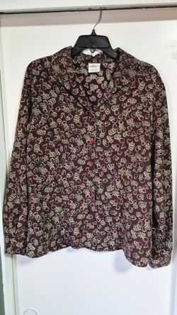 Vintage Hillard Hanson button-up Burgundy Floral Leafy Pattern Blouse