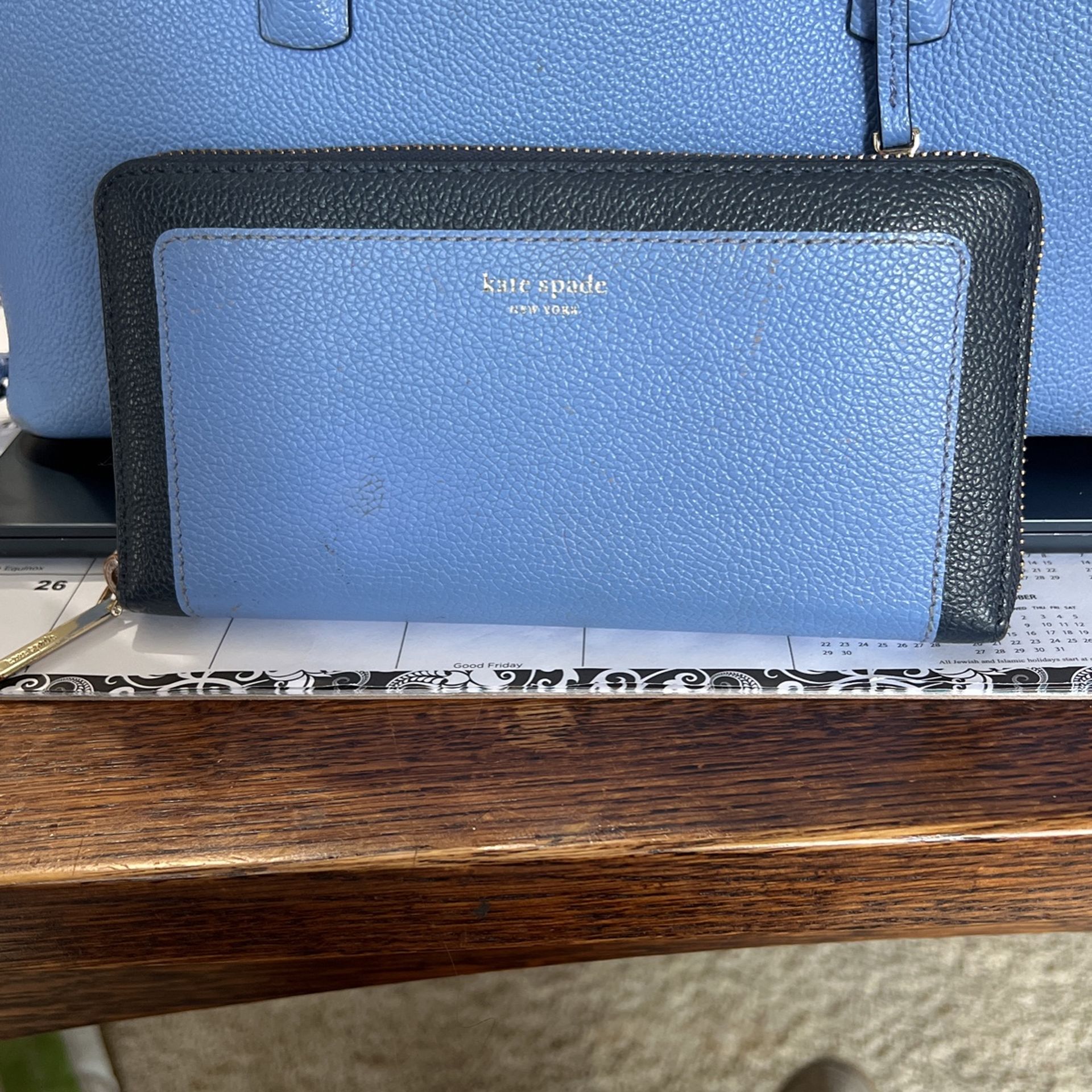 Blue And Black Kate Spade Wallet With Gold, Kate Spade Emblem