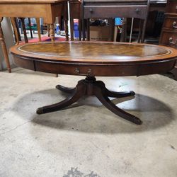 Antique Heirloom Leather Top Inlaid Coffee Table 