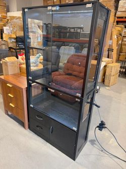 New-Display Cabinet with Glass Doors, 4-Tier Display Case with 3-Color Lights & Human Body Sensor, Storage Cabinets with 3 Shelves & 2 Drawers for Col