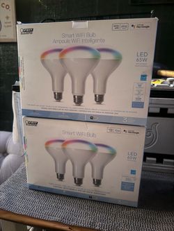Feit Electric BR30 Smart LED Light Bulb box featuring color-changing capabilities and a 65W both for 40 dollars